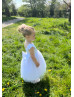 Cap Sleeves White Satin Tulle Pearls Embellished Flower Girl Dress